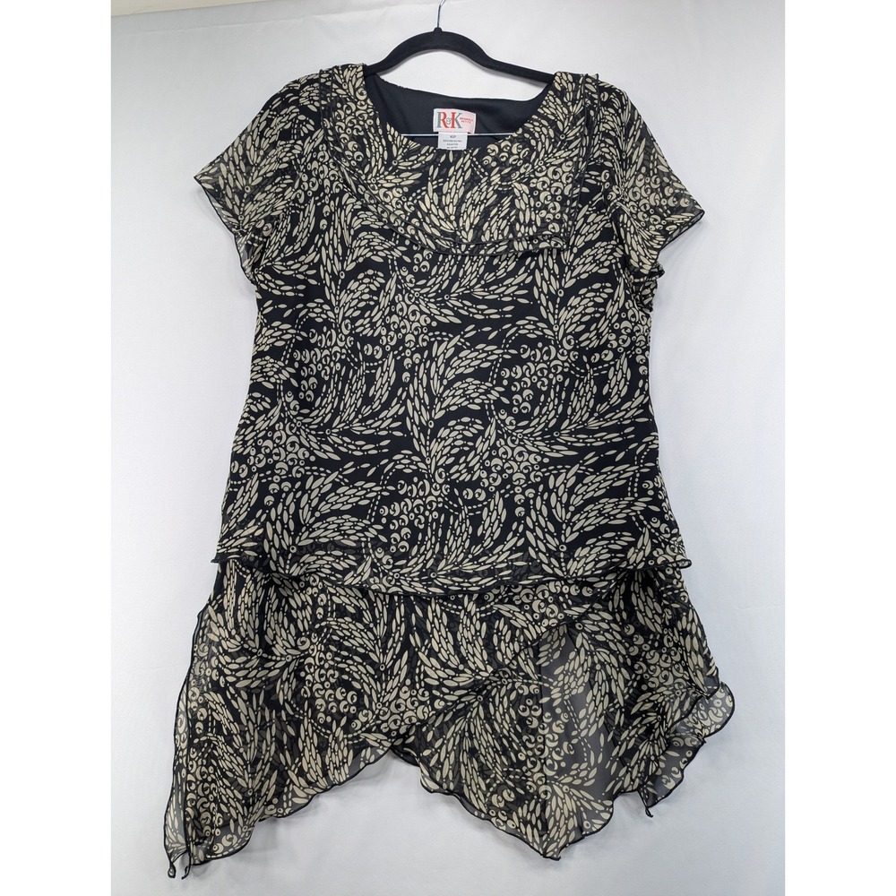RK Originals Petite 16P‎ 2 Piece Set Black Tan Leaf Print Skirt Blouse Chiffon
